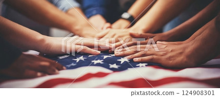 People joining hands on USA flag background 124908301