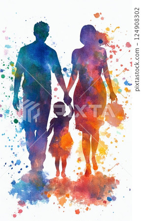 Colorful watercolor silhouettes of a family holding hands. 124908302