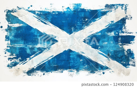 Grunge painted Scotland flag. Template for invitation, poster, flyer, banner, etc. Abstract watercolor splashes flag of Scotland. Saint Andrew day concept. 124908320