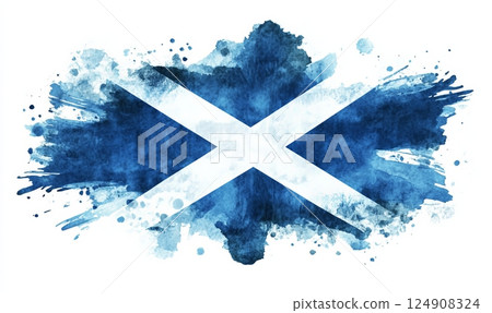Grunge painted Scotland flag. Template for invitation, poster, flyer, banner, etc. Abstract watercolor splashes flag of Scotland. Saint Andrew day concept. 124908324