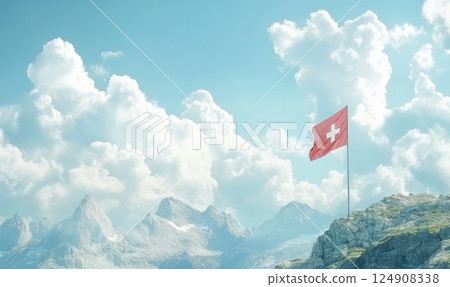 A Swiss flag on a pole set against a mountainous skyline with clouds. 124908338