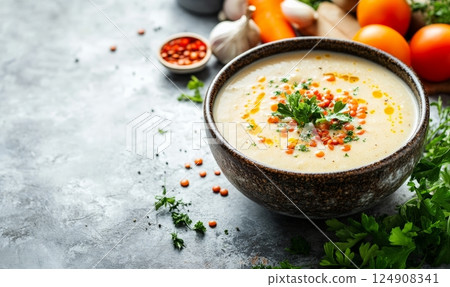 A bowl of creamy lentil soup garnished with parsley and chili flakes, surrounded by fresh ingredients. 124908341