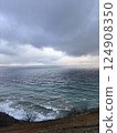 Dramatic sky with large grey clouds above choppy ocean waves, viewed from a grassy cliff edge. The sea has a gradient of colors from deep blue to lighter teal near the shore 124908350