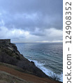 Cliffside landscape with rocky terrain leading to vast ocean under a cloudy sky. Vegetation covers the slope, merging with waves below. The scene evokes tranquility and nature's splendor 124908352