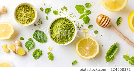 Matcha powder with lemon, ginger, mint and honey Matcha powder with lemon, ginger, mint and honey 124908371