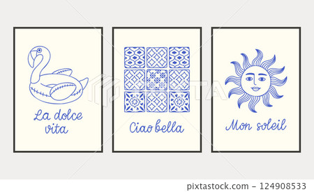 La dolce vita doodles placard or poster set. Vector illustration of italian style hand drawn posters. Wall art prints decor. Illustration for invitations, menus design. La dolce vita doodles placard or poster set. Vector illustration of italian style hand drawn posters. Wall art prints decor. Illustration for invitations, menus design. 124908533