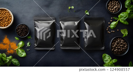 Black snack packaging with herbs and spices 124908557