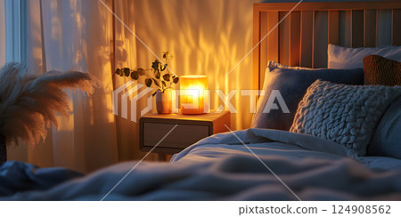 Cozy bedroom with warm ambient lighting Cozy bedroom with warm ambient lighting 124908562