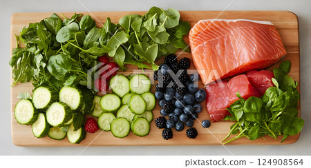 Fresh whole ingredients for healthy pet food on cutting board 124908564