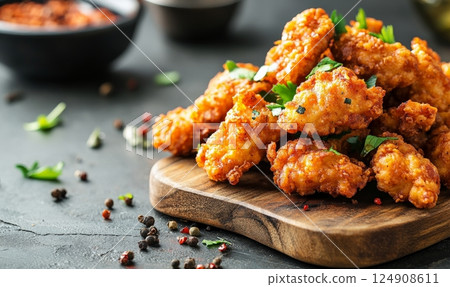 A pile of crispy fried chicken nuggets on a wooden board, garnished with parsley, with bowls of dipping sauces in the background. A pile of crispy fried chicken nuggets on a wooden board, garnished with parsley, with bowls of dipping sauces in the background. 124908611
