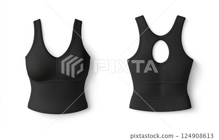 Two views of a black sports bra, front and back, featuring a scoop neck, racerback design, and textured waistband. 124908613