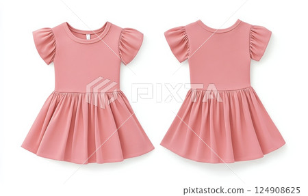 Light pink short-sleeve toddler girl's dress with a pleated skirt, featuring front and back views. 124908625