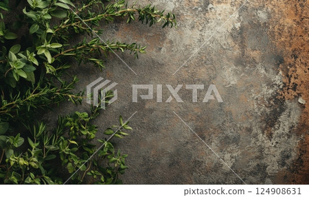 Fresh thyme sprigs on rustic surface. 124908631