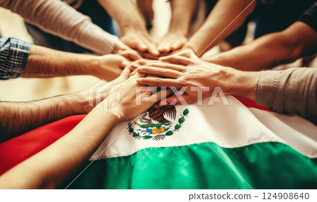 Group of diverse hands joined over a Mexican flag. Group of diverse hands joined over a Mexican flag. 124908640