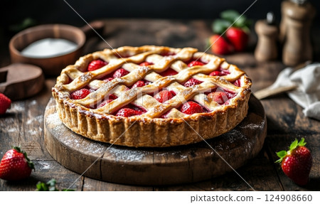 Freshly baked strawberry pie with lattice crust on wooden board. 124908660
