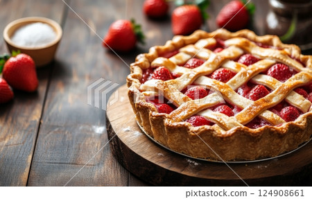 Freshly baked strawberry pie with lattice crust on wooden board. 124908661
