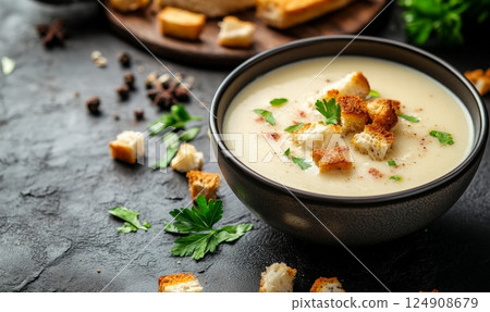 A bowl of creamy soup garnished with croutons and herbs, set on a dark surface with pieces of bread in the background. 124908679