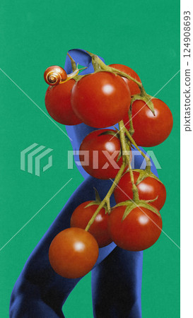 Poster. Contemporary art collage. Blue figure carrying branch of ripe tomatoes with tiny snail crawling. Poster. Contemporary art collage. Blue figure carrying branch of ripe tomatoes with tiny snail crawling. 124908693