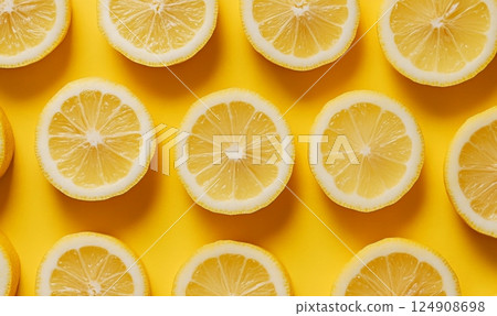Sliced lemons on a yellow background. 124908698