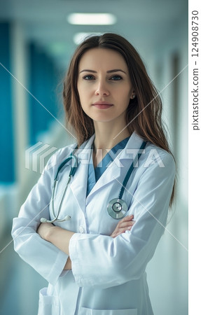 Confident female doctor with stethoscope standing with arms crossed. 124908730