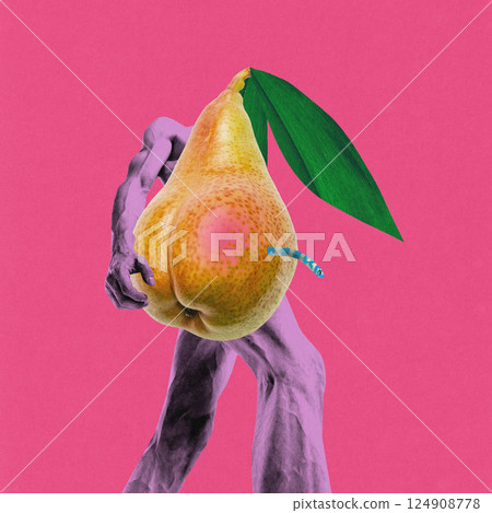 Poster. Contemporary art collage. Muscular male figure merged with juicy pear bitten by worm. 124908778