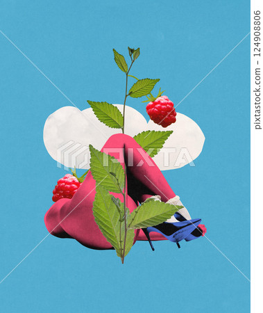 Poster. Contemporary art collage. Female body in high heels wrapped in raspberry bush. Poster. Contemporary art collage. Female body in high heels wrapped in raspberry bush. 124908806