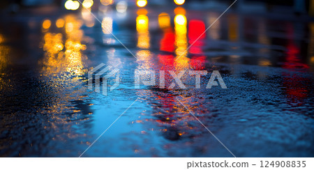 Blurred city lights on wet street 124908835