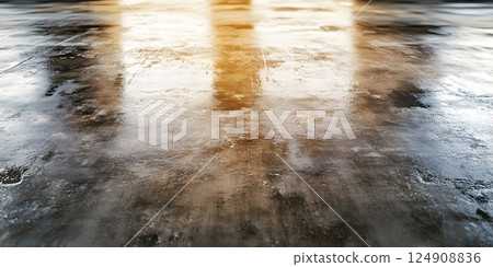 Wet textured floor with warm reflections 124908836
