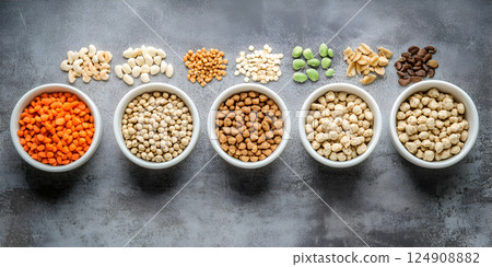 Assorted dry pet food and ingredients in bowls Assorted dry pet food and ingredients in bowls 124908882