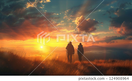Travel companions journey at sunset, symbolizing adventure and discovery 124908964