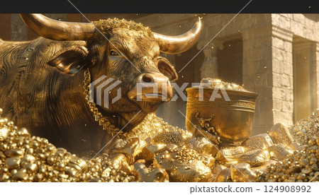 A golden bull surrounded by gold in a treasury, symbolizing the worship of a golden calf A golden bull surrounded by gold in a treasury, symbolizing the worship of a golden calf 124908992