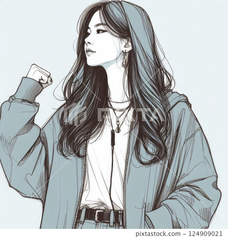 Elegant Woman in Minimalist Fashion Illustration with Generative AI. 124909021