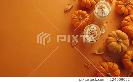 A top-down view of pumpkins and lattes on an orange backdrop, with space for text 124909032