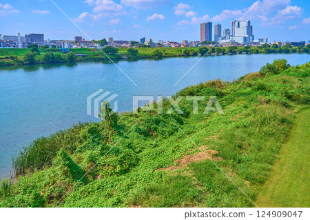 夏季從東京都大田區煤氣橋看到的西北側景色（川崎市中丸子、下沼部、玉川煤氣橋綠地等） 124909047