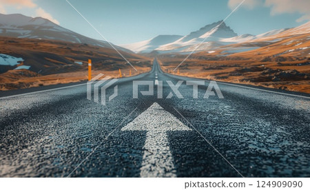 A straight road with an arrow marking the direction 124909090