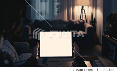 A woman at home holding a tablet displaying a blank white screen in a mockup image 124909188