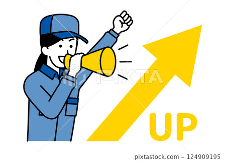 A woman in overalls cheering with a rising arrow and a megaphone 124909195