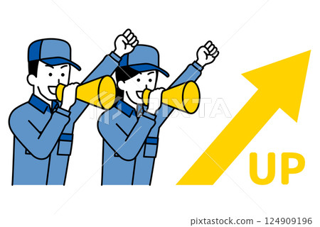 Men and women in overalls cheering with rising arrows and megaphones 124909196