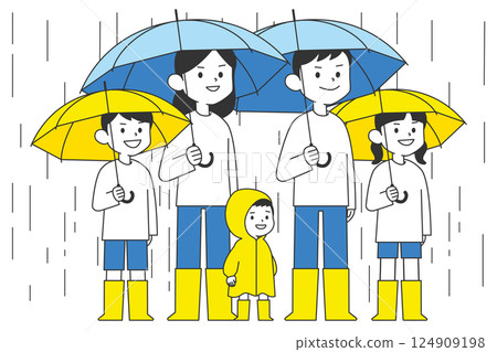 A family of five holding an umbrella in the rain 124909198