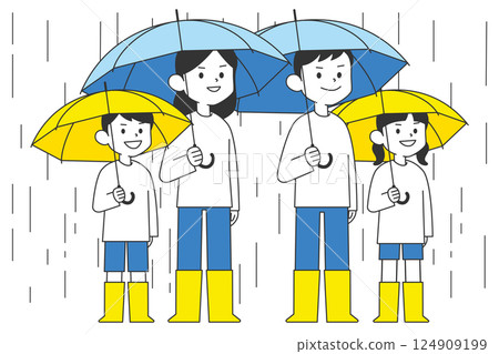 A family of four holding umbrellas in the rain 124909199