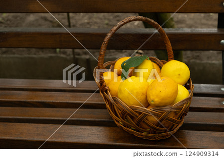 Basket full of fresh ripe lemons close-up. 124909314