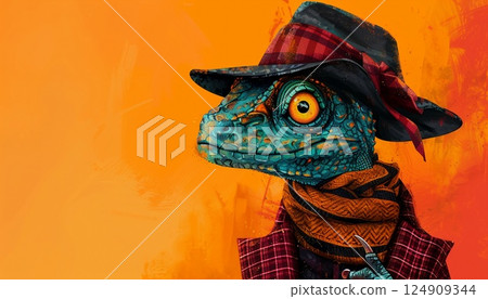 A lively illustrated portrait of a stylish anthropomorphic lizard with scaly skin, wearing a black hat with a red ribbon 124909344