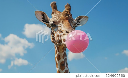 Close-up portrait of a giraffe chewing pink gum against a clear sky with white clouds 124909360