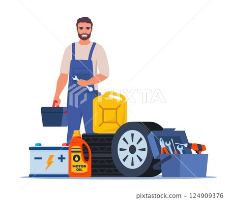 Auto service accessories composition with tool kit, gasoline canister and battery. Vector illustration. Auto service accessories composition with tool kit, gasoline canister and battery. Vector illustration. 124909376