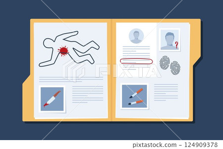 Opened crime investigation file folder. Evidence file folder. Crime scene photo, suspect silhouettes, fingerprints, other evidences. Police report, criminal case. Vector illustration. Opened crime investigation file folder. Evidence file folder. Crime scene photo, suspect silhouettes, fingerprints, other evidences. Police report, criminal case. Vector illustration. 124909378