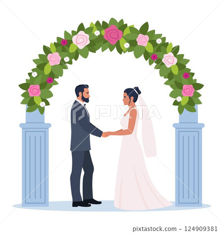 Decorated arch for wedding ceremony. Wedding couple. Bride and groom in formal clothes on wedding day, marriage ceremony. Wedding arch. Just married love couple, newlyweds. Vector illustration. Decorated arch for wedding ceremony. Wedding couple. Bride and groom in formal clothes on wedding day, marriage ceremony. Wedding arch. Just married love couple, newlyweds. Vector illustration. 124909381