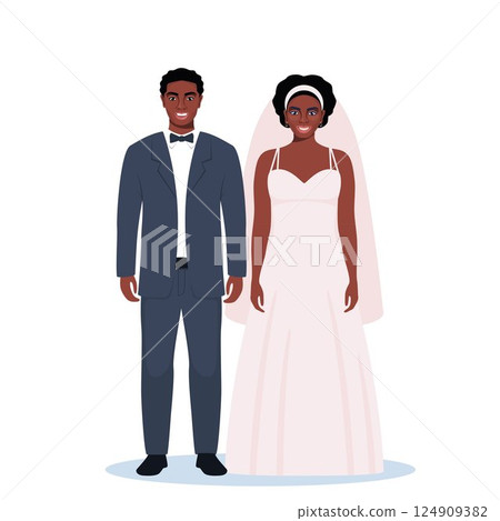 Black wedding couple. Bride and groom in formal clothes on wedding day, marriage ceremony. Just married love couple, newlyweds. Vector illustration. Black wedding couple. Bride and groom in formal clothes on wedding day, marriage ceremony. Just married love couple, newlyweds. Vector illustration. 124909382