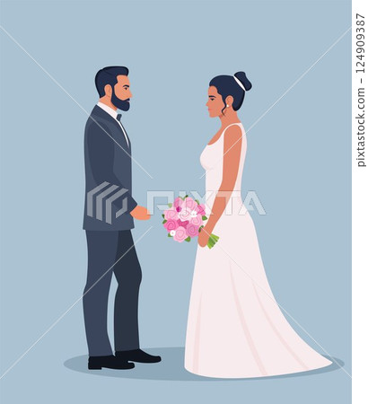 Wedding couple. Bride and groom in formal clothes on wedding day, marriage ceremony. Just married love couple, newlyweds. Vector illustration. Wedding couple. Bride and groom in formal clothes on wedding day, marriage ceremony. Just married love couple, newlyweds. Vector illustration. 124909387