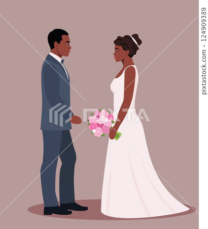 Black wedding couple. Bride and groom in formal clothes on wedding day, marriage ceremony. Just married love couple, newlyweds. Vector illustration. Black wedding couple. Bride and groom in formal clothes on wedding day, marriage ceremony. Just married love couple, newlyweds. Vector illustration. 124909389