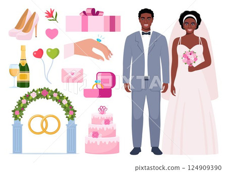 Groom and bride. Wedding accessories, decorations set. Party, proposal, wedding, anniversary elements. Celebrate marriage, save the date ceremony. Vector illustration. 124909390